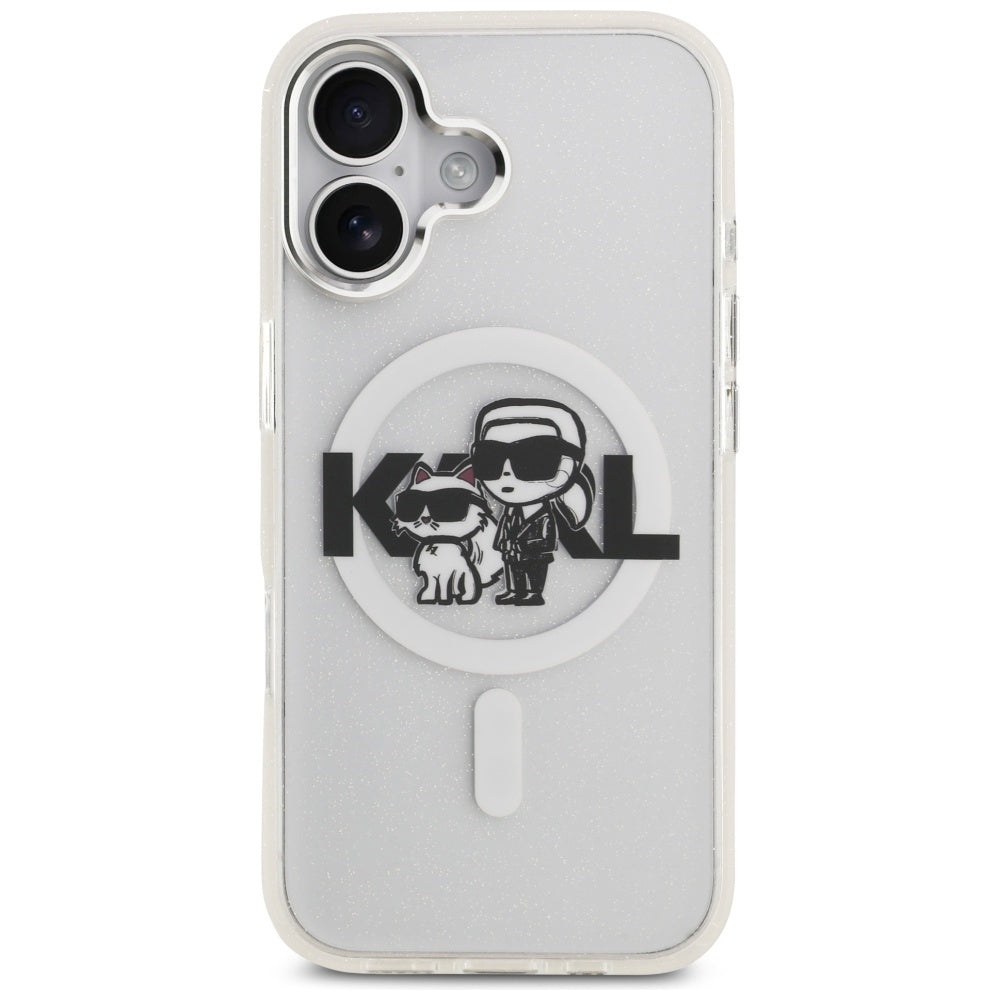 Husa MagSafe pentru Apple iPhone 17, Karl Lagerfeld, IML Sketch Logo Glitter Karl & Choupette, Transparenta