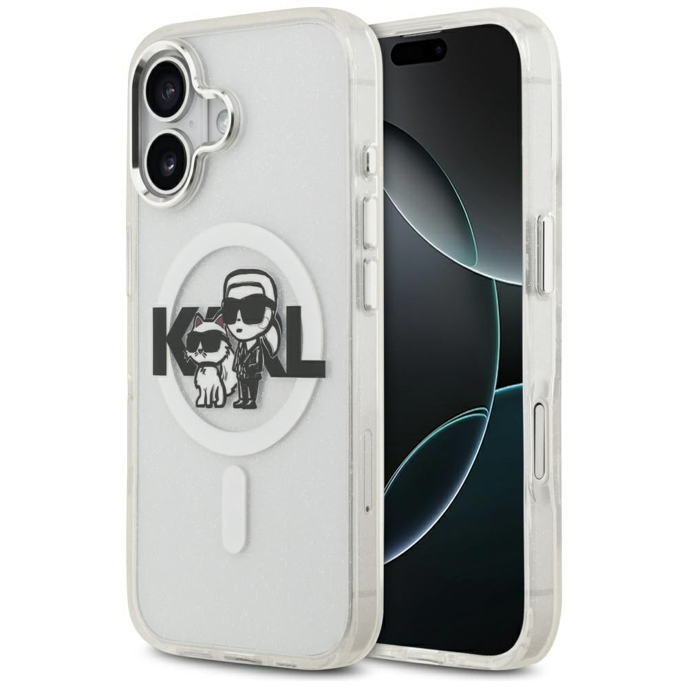Husa MagSafe pentru Apple iPhone 17, Karl Lagerfeld, IML Sketch Logo Glitter Karl & Choupette, Transparenta