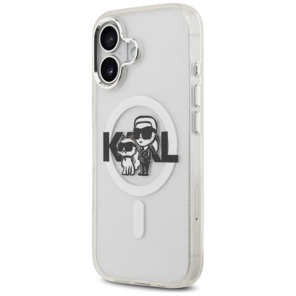 Husa MagSafe pentru Apple iPhone 17, Karl Lagerfeld, IML Sketch Logo Glitter Karl & Choupette, Transparenta