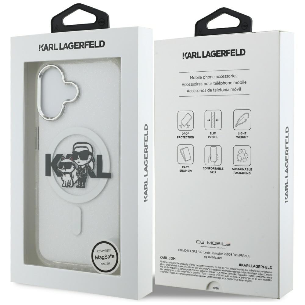 Husa MagSafe pentru Apple iPhone 17, Karl Lagerfeld, IML Sketch Logo Glitter Karl & Choupette, Transparenta