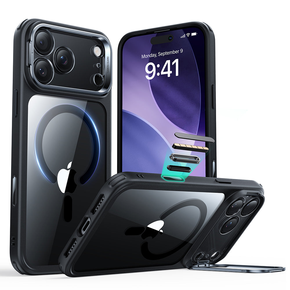 Husa MagSafe pentru Apple iPhone 17 Pro, ESR, Classic Hybrid Kickstand, Neagra Transparenta