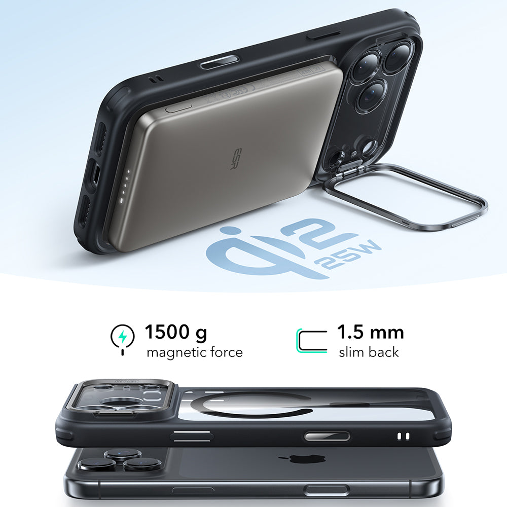 Husa MagSafe pentru Apple iPhone 17 Pro, ESR, Classic Hybrid Kickstand, Neagra Transparenta