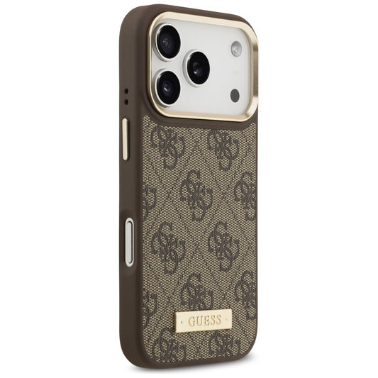 Husa MagSafe pentru Apple iPhone 17 Pro, Guess, 4G Logo Plate, Maro