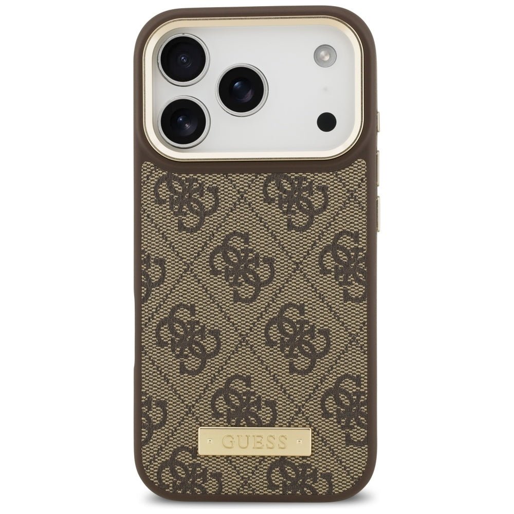 Husa MagSafe pentru Apple iPhone 17 Pro, Guess, 4G Logo Plate, Maro