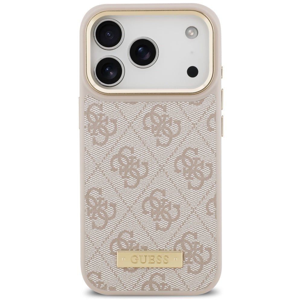 Husa MagSafe pentru Apple iPhone 17 Pro, Guess, 4G Logo Plate, Roz