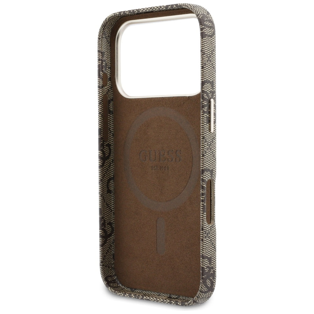 Husa MagSafe pentru Apple iPhone 17 Pro, Guess, 4G Script Logo, Maro