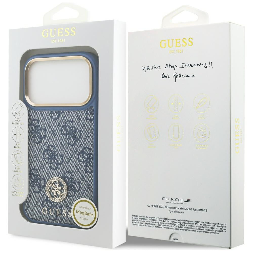 Husa MagSafe pentru Apple iPhone 17 Pro, Guess, 4G Strass Logo, Albastra