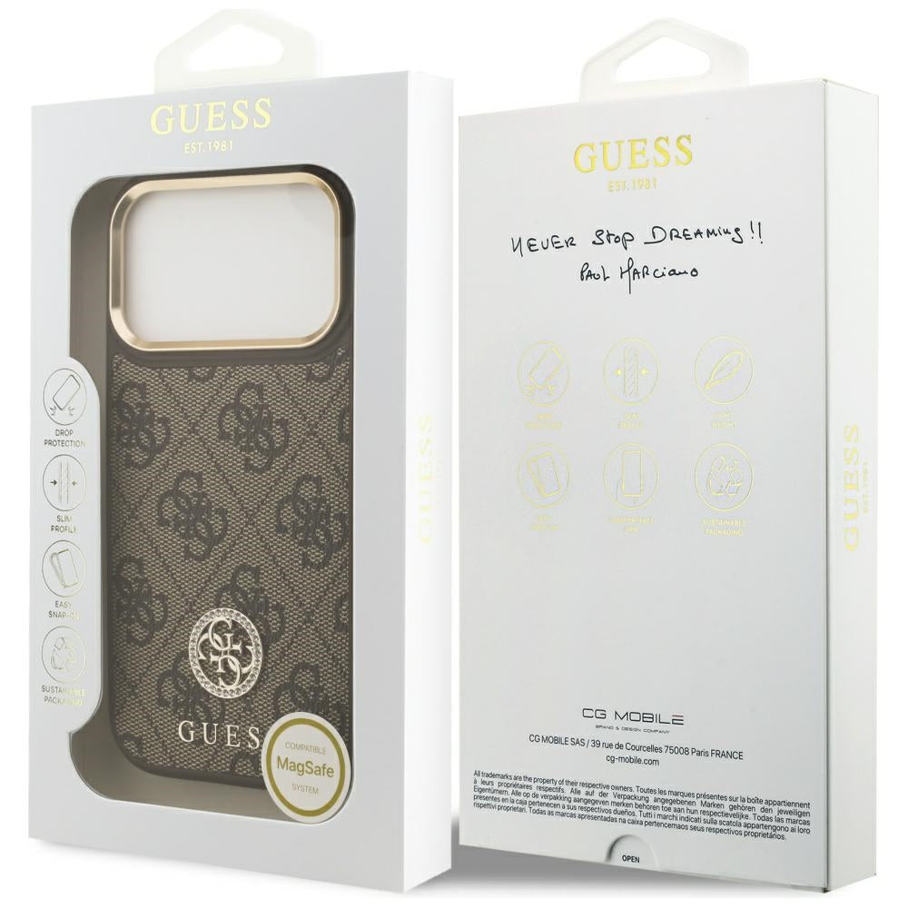 Husa MagSafe pentru Apple iPhone 17 Pro, Guess, 4G Strass Logo, Maro
