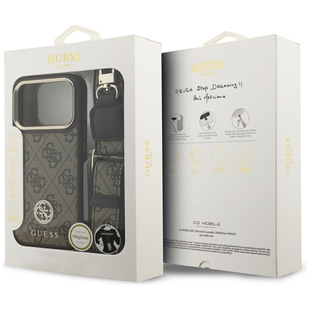 Husa MagSafe pentru Apple iPhone 17 Pro, Guess, 4G Strass Logo with Big Strap, Maro