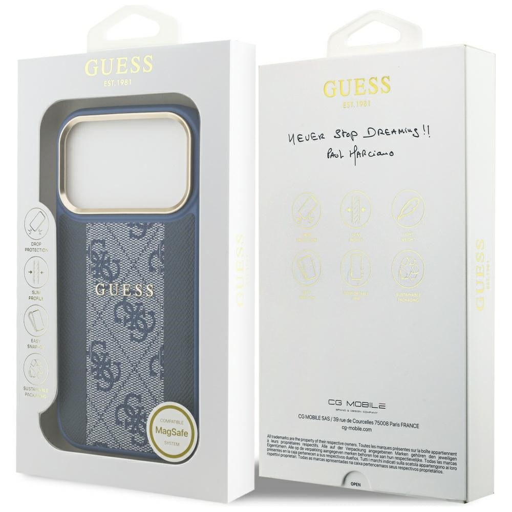 Husa MagSafe pentru Apple iPhone 17 Pro, Guess, 4G Stripe, Albastra