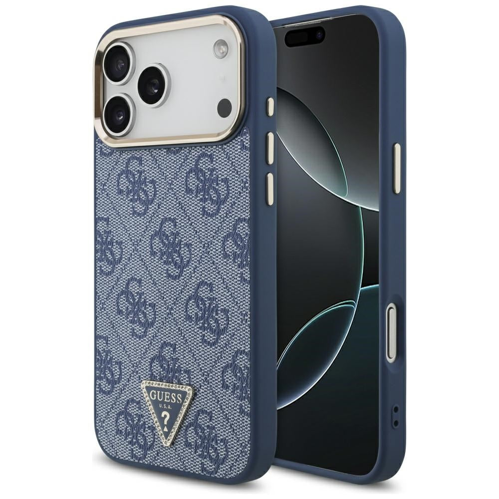 Husa MagSafe pentru Apple iPhone 17 Pro, Guess, 4G Triangle Logo, Albastra Aurie