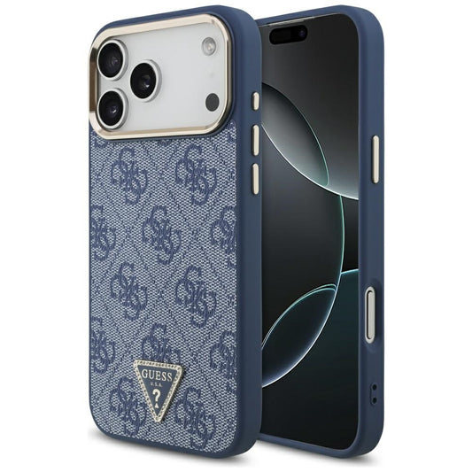 Husa MagSafe pentru Apple iPhone 17 Pro, Guess, 4G Triangle Logo, Albastra Aurie