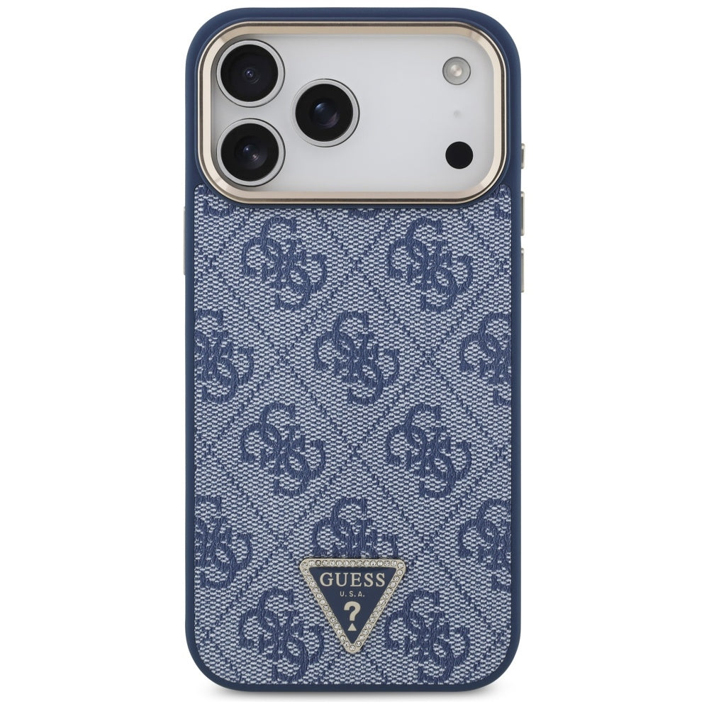 Husa MagSafe pentru Apple iPhone 17 Pro, Guess, 4G Triangle Logo, Albastra Aurie