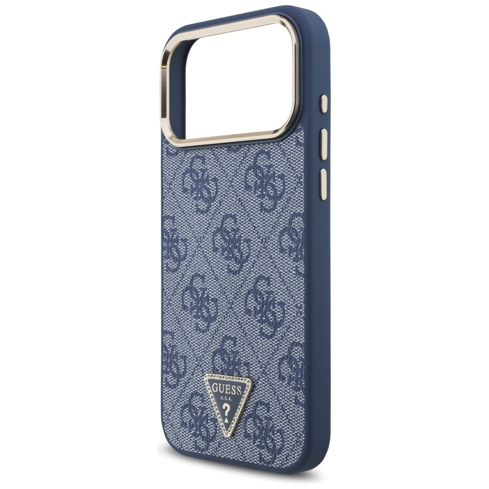 Husa MagSafe pentru Apple iPhone 17 Pro, Guess, 4G Triangle Logo, Albastra Aurie