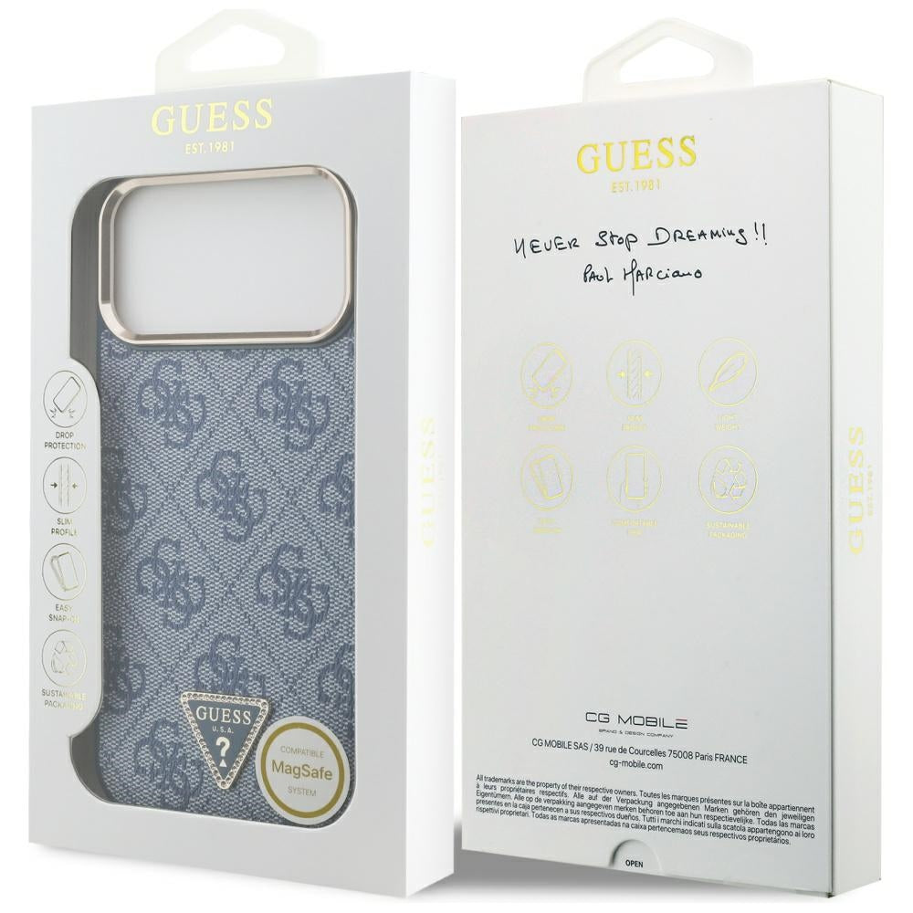 Husa MagSafe pentru Apple iPhone 17 Pro, Guess, 4G Triangle Logo, Albastra Aurie