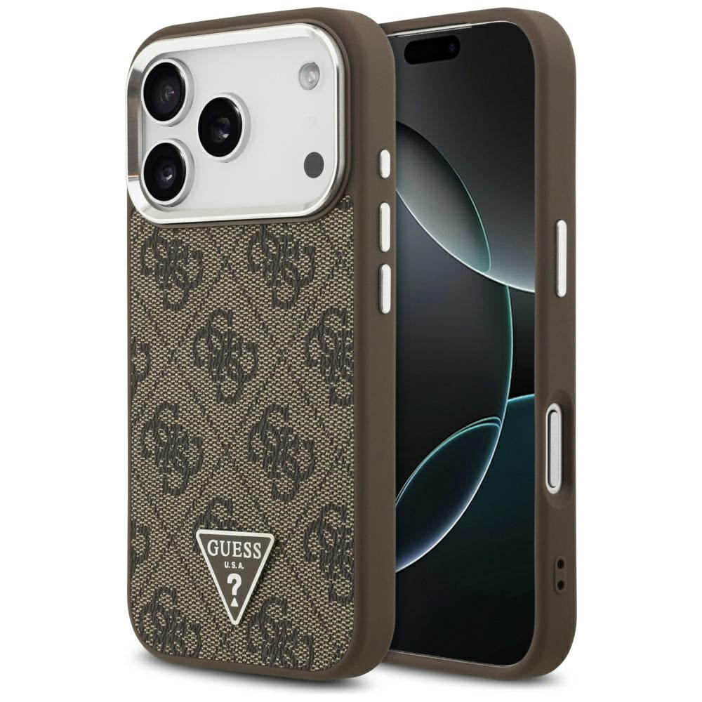 Husa MagSafe pentru Apple iPhone 17 Pro, Guess, 4G Triangle Logo, Maro Argintie