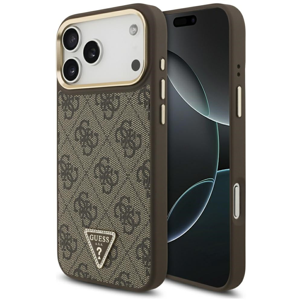 Husa MagSafe pentru Apple iPhone 17 Pro, Guess, 4G Triangle Logo, Maro Aurie