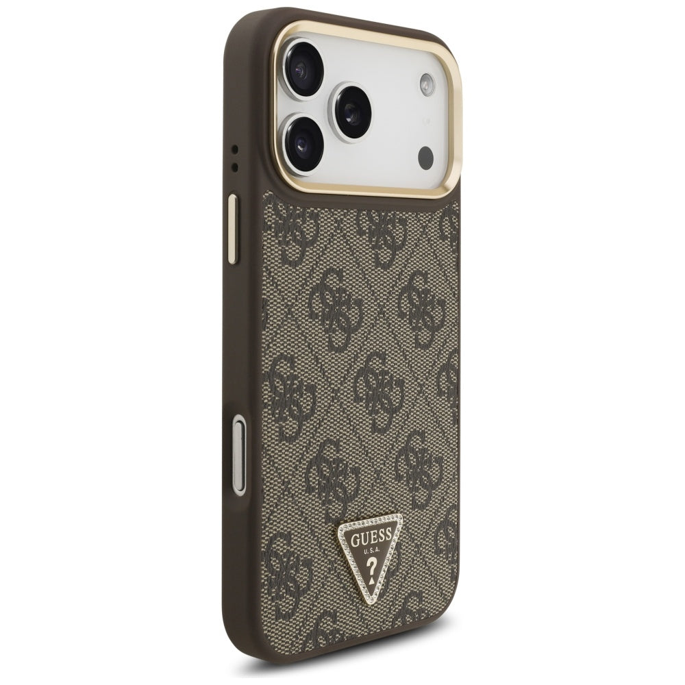 Husa MagSafe pentru Apple iPhone 17 Pro, Guess, 4G Triangle Logo, Maro Aurie