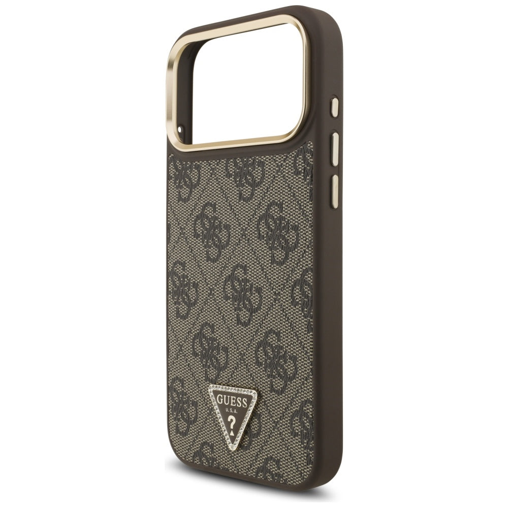 Husa MagSafe pentru Apple iPhone 17 Pro, Guess, 4G Triangle Logo, Maro Aurie
