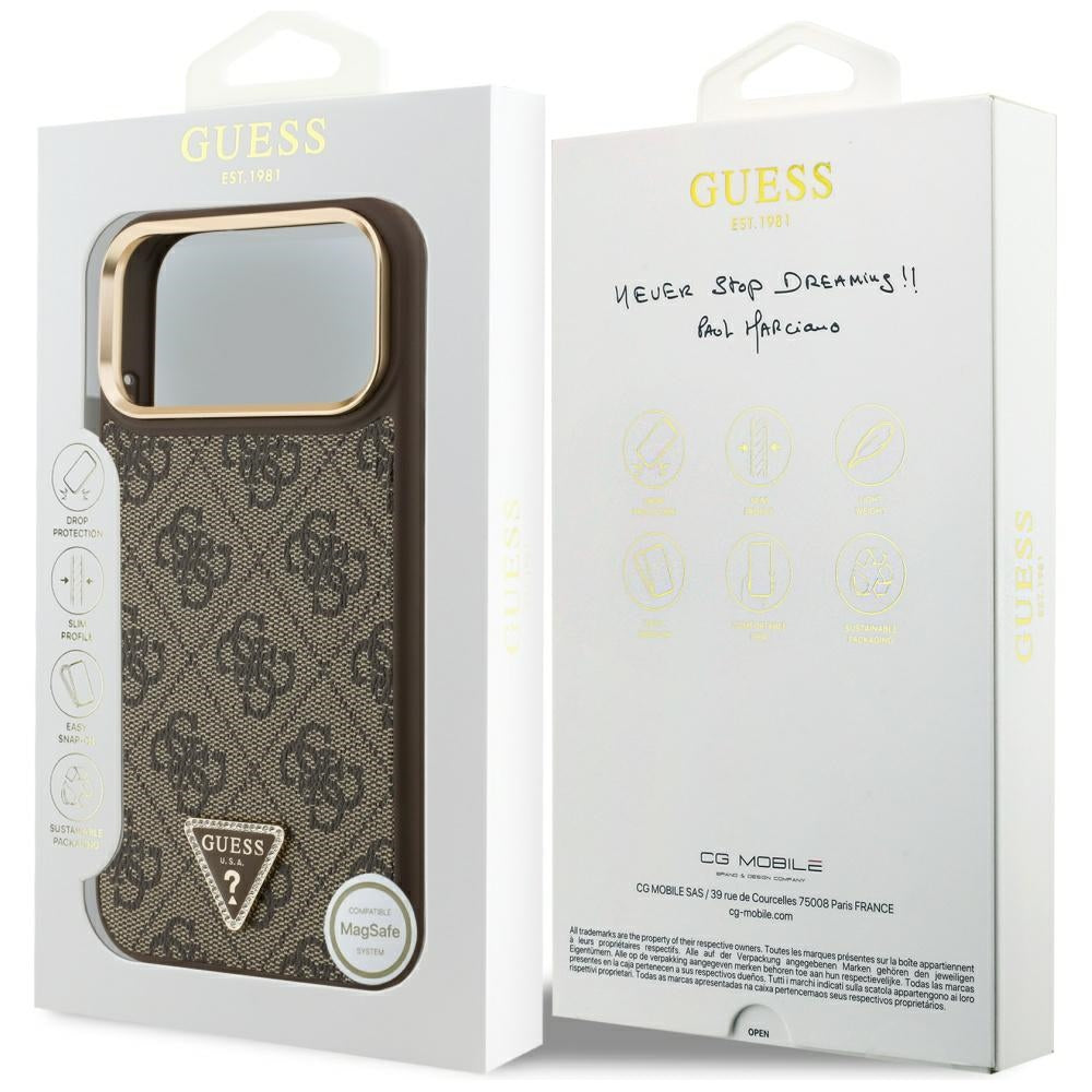 Husa MagSafe pentru Apple iPhone 17 Pro, Guess, 4G Triangle Logo, Maro Aurie