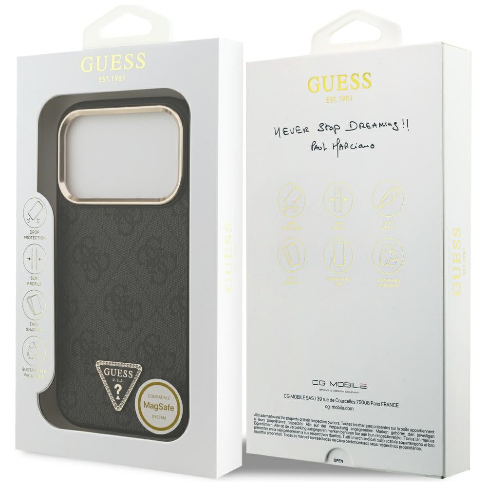 Husa MagSafe pentru Apple iPhone 17 Pro, Guess, 4G Triangle Logo, Neagra Aurie
