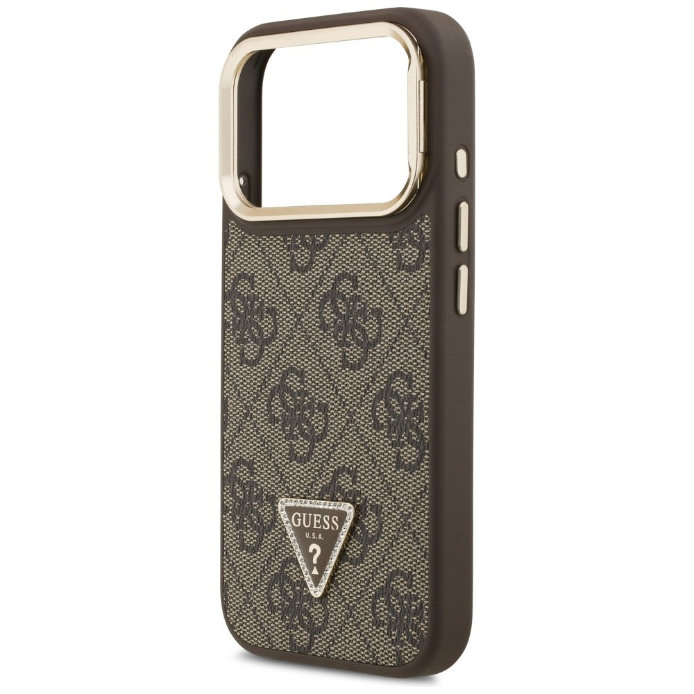 Husa MagSafe pentru Apple iPhone 17 Pro, Guess, 4G Triangle Logo with Stand Camera, Maro Aurie