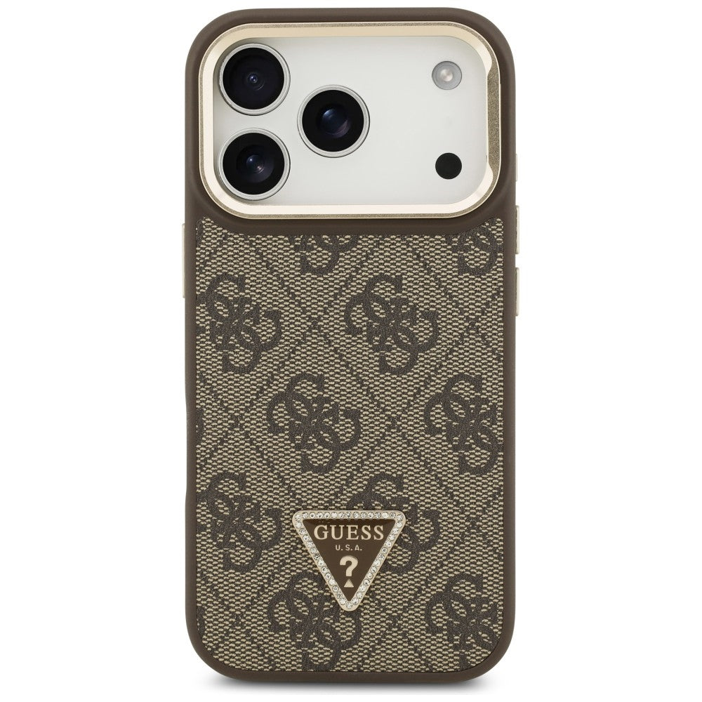 Husa MagSafe pentru Apple iPhone 17 Pro, Guess, 4G Triangle Logo with Stand Camera, Maro Aurie