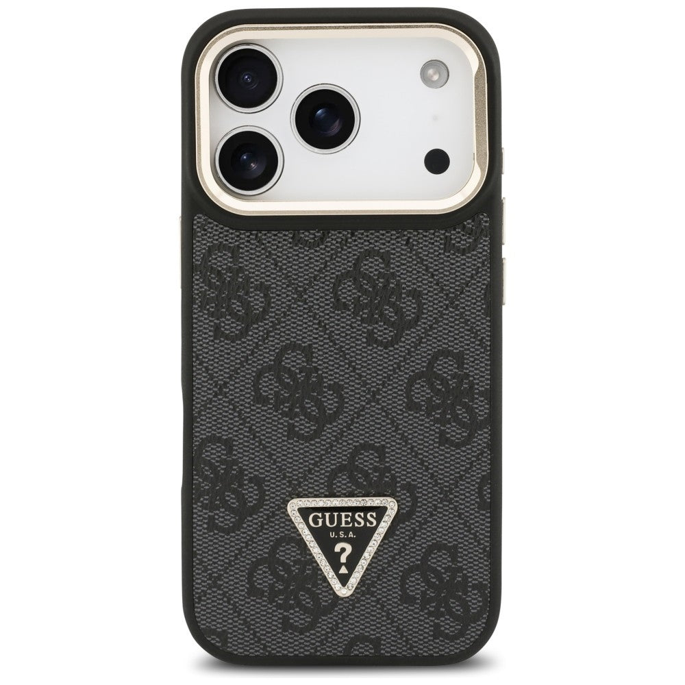 Husa MagSafe pentru Apple iPhone 17 Pro, Guess, 4G Triangle Logo with Stand Camera, Neagra Aurie