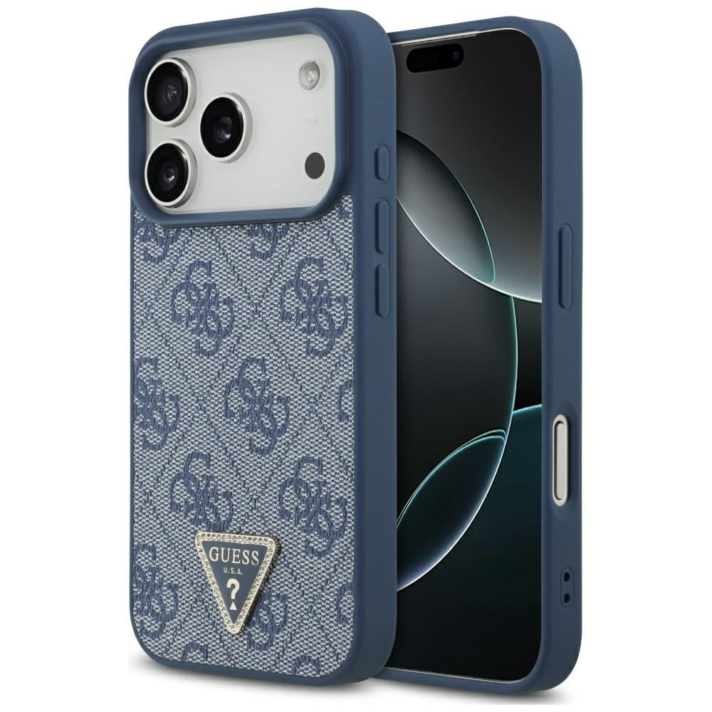 Husa MagSafe pentru Apple iPhone 17 Pro, Guess, 4G Triangle Strass, Albastra