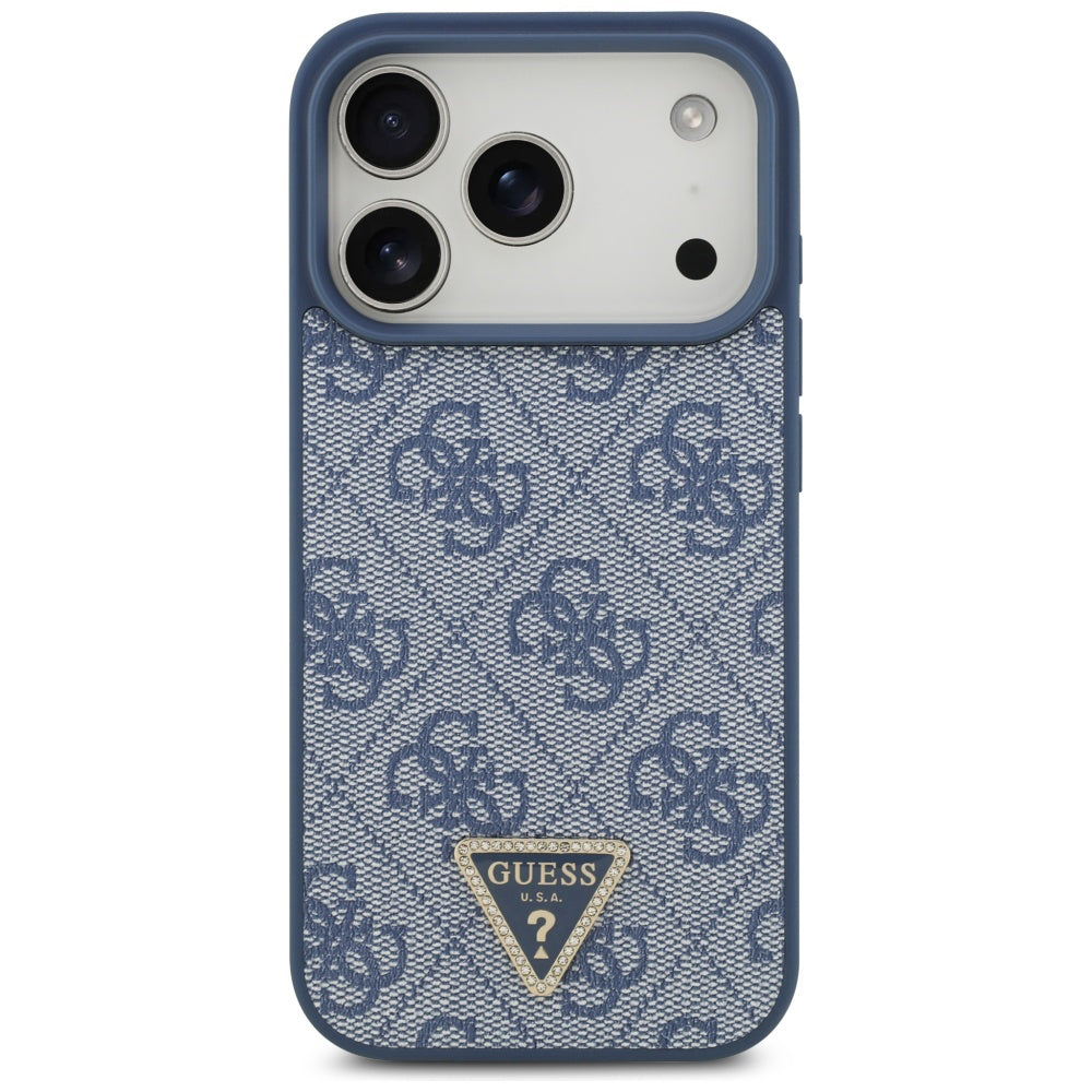 Husa MagSafe pentru Apple iPhone 17 Pro, Guess, 4G Triangle Strass, Albastra