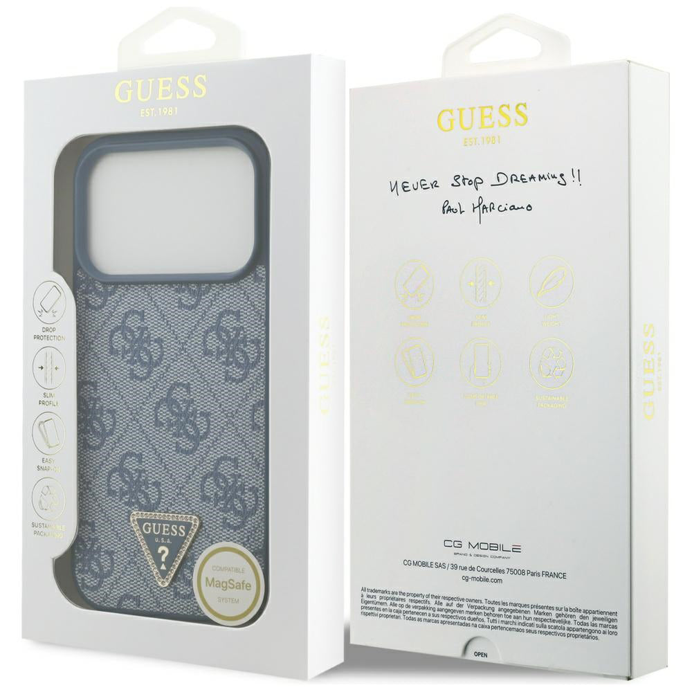 Husa MagSafe pentru Apple iPhone 17 Pro, Guess, 4G Triangle Strass, Albastra