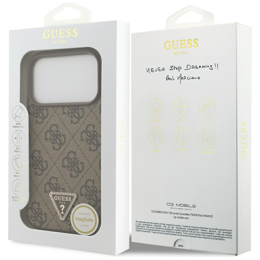 Husa MagSafe pentru Apple iPhone 17 Pro, Guess, 4G Triangle Strass, Maro