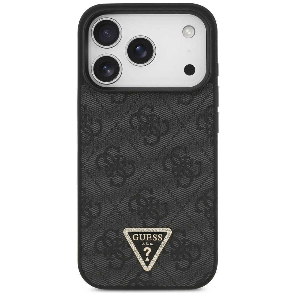 Husa MagSafe pentru Apple iPhone 17 Pro, Guess, 4G Triangle Strass, Neagra