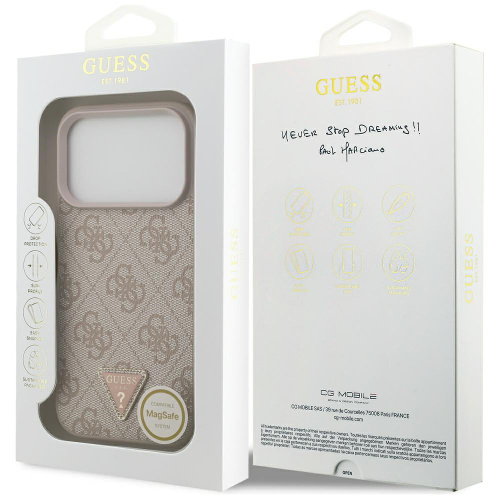 Husa MagSafe pentru Apple iPhone 17 Pro, Guess, 4G Triangle Strass, Roz