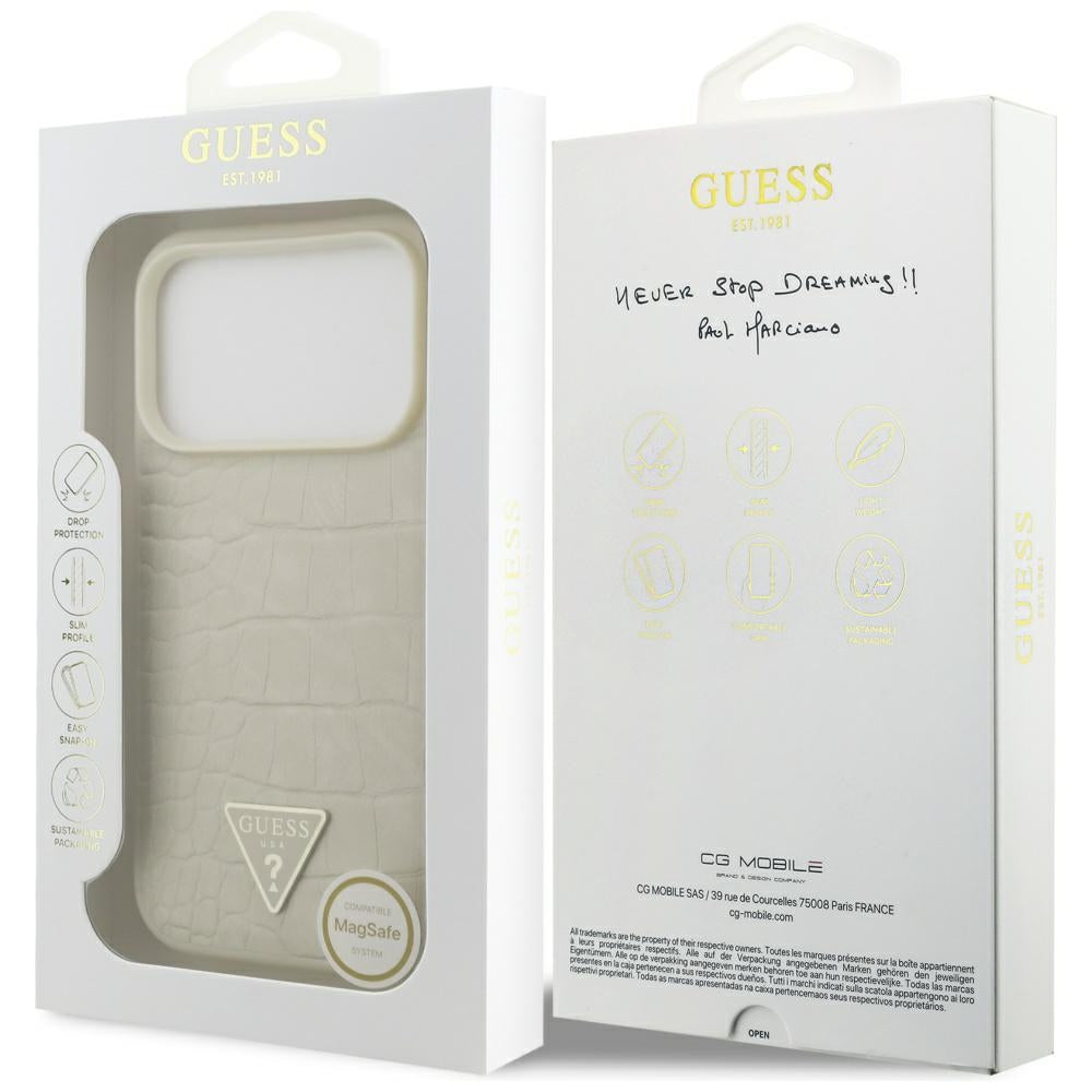 Husa MagSafe pentru Apple iPhone 17 Pro, Guess, Croco Triangle Logo, Aurie