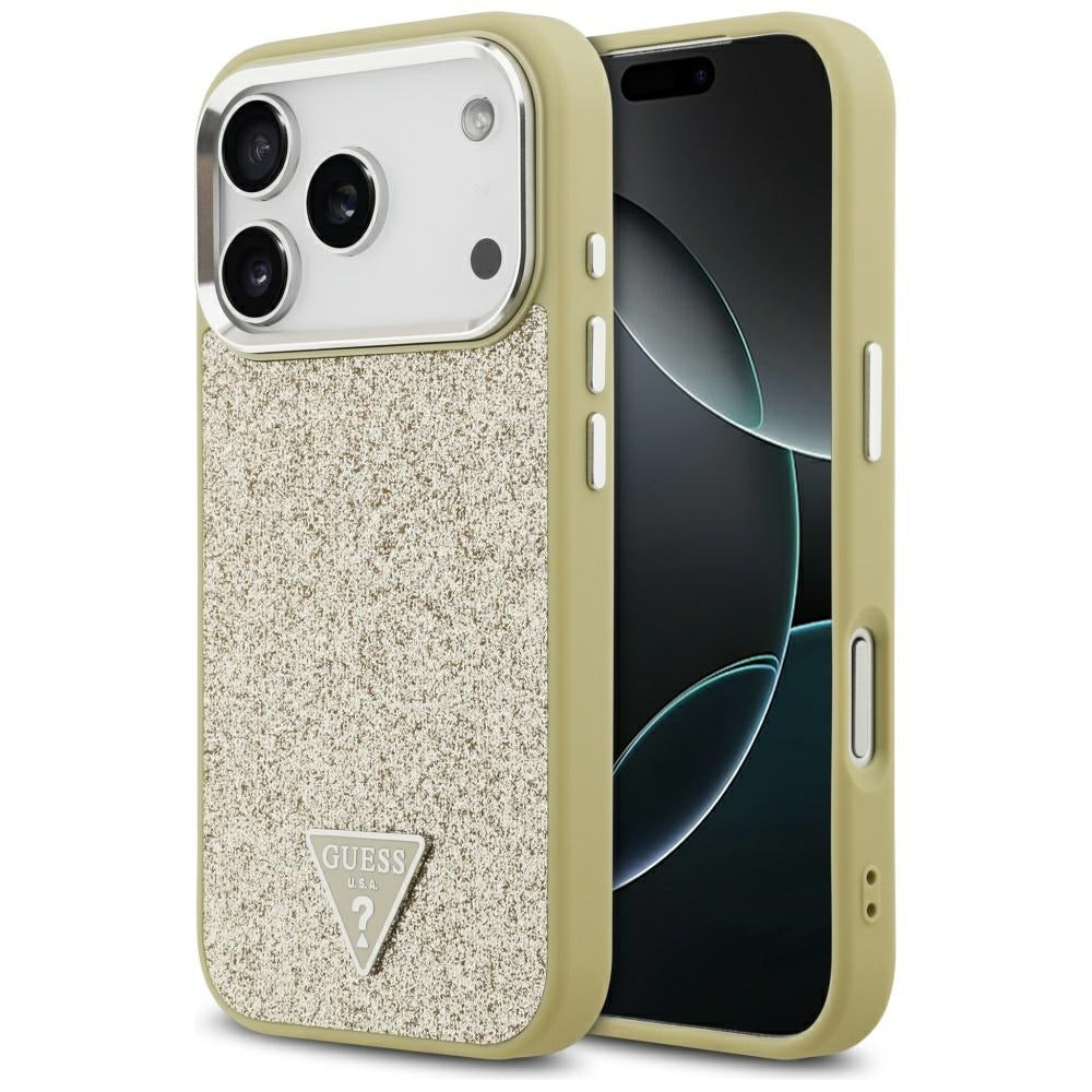 Husa MagSafe pentru Apple iPhone 17 Pro, Guess, Glitter Triangle Logo, Aurie