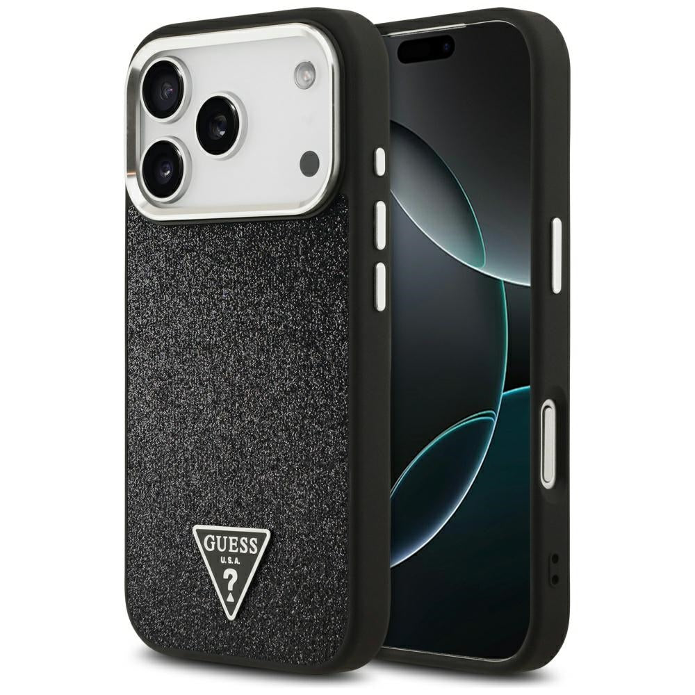 Husa MagSafe pentru Apple iPhone 17 Pro, Guess, Glitter Triangle Logo, Neagra