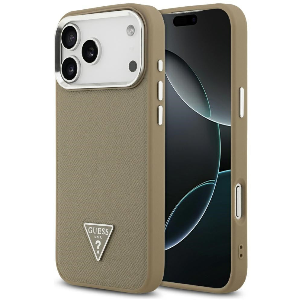 Husa MagSafe pentru Apple iPhone 17 Pro, Guess, Grained Triangle Logo, Maro