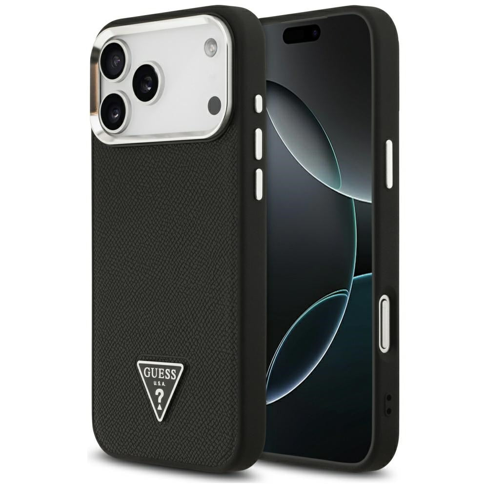 Husa MagSafe pentru Apple iPhone 17 Pro, Guess, Grained Triangle Logo, Neagra