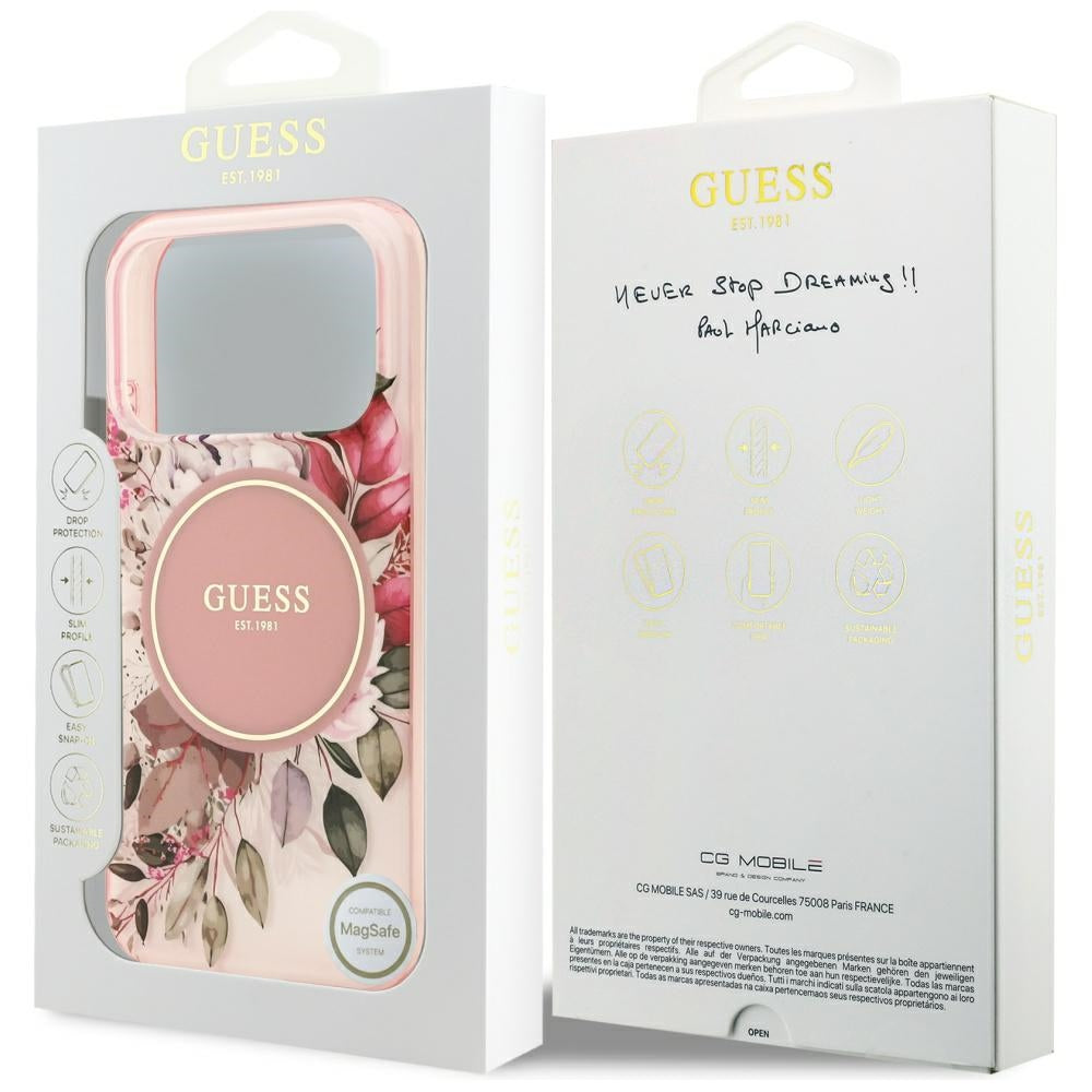 Husa MagSafe pentru Apple iPhone 17 Pro, Guess, IML Flower and Tonal Circle , Roz