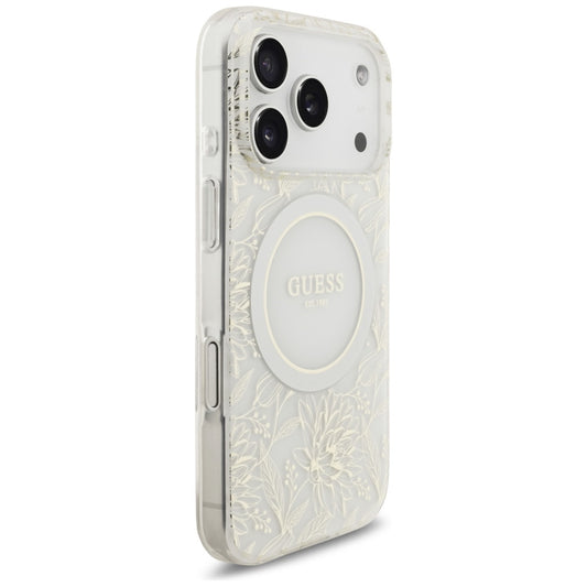 Husa MagSafe pentru Apple iPhone 17 Pro, Guess, IML Flowers Allover Electroplated with Pearl Strap, Alba