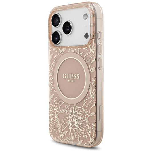 Husa MagSafe pentru Apple iPhone 17 Pro, Guess, IML Flowers Allover Electroplated with Pearl Strap, Roz