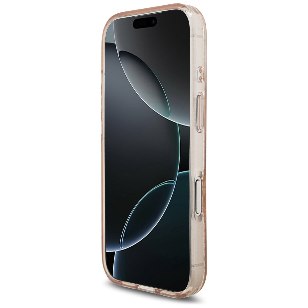 Husa MagSafe pentru Apple iPhone 17 Pro, Guess, IML Flowers Allover Electroplated with Pearl Strap, Roz