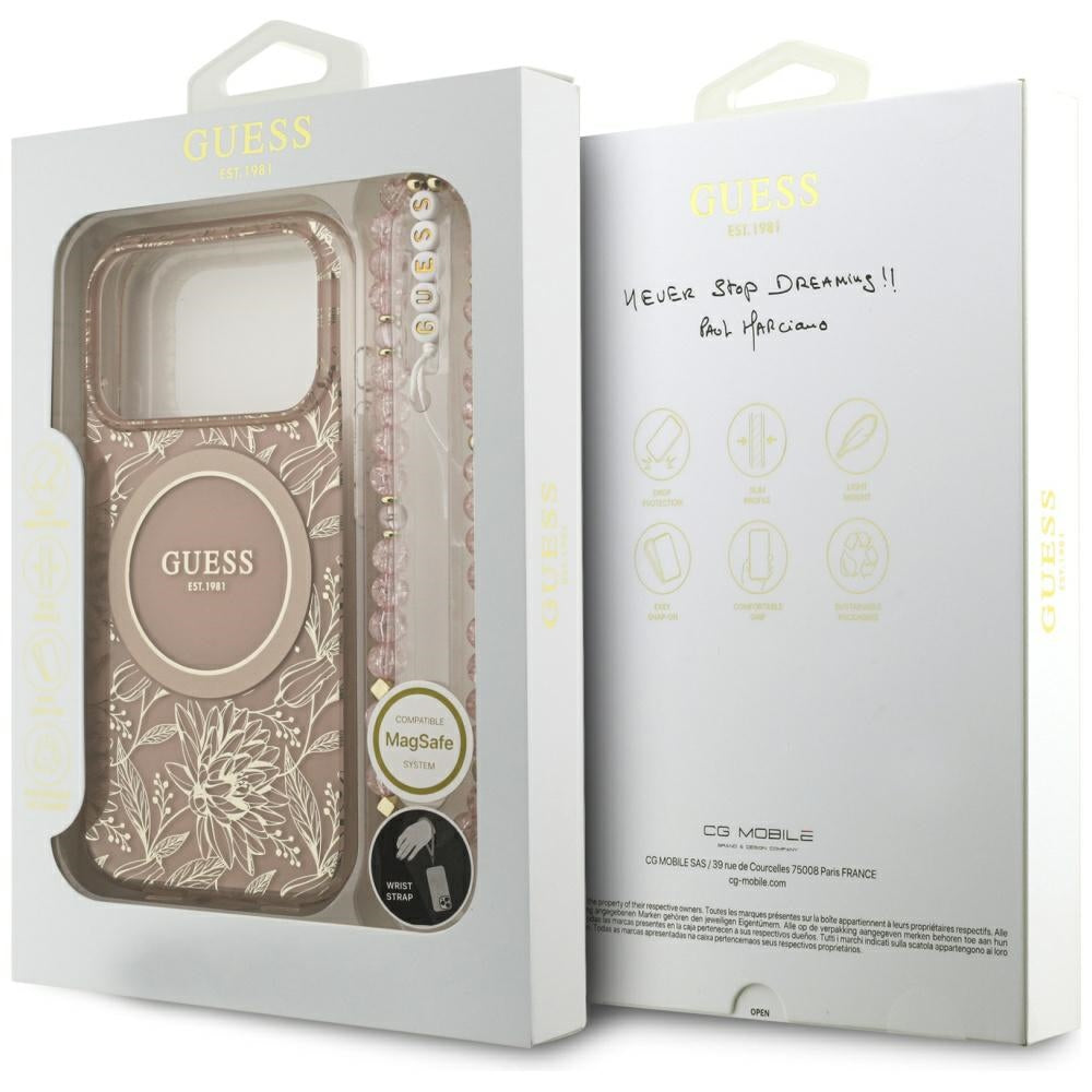 Husa MagSafe pentru Apple iPhone 17 Pro, Guess, IML Flowers Allover Electroplated with Pearl Strap, Roz