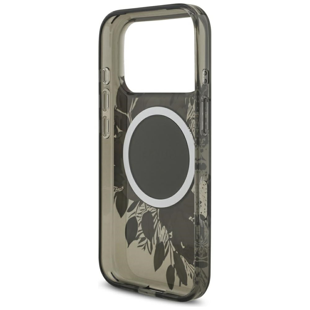 Husa MagSafe pentru Apple iPhone 17 Pro, Guess, IML Flowers with Pearl Strap, Neagra