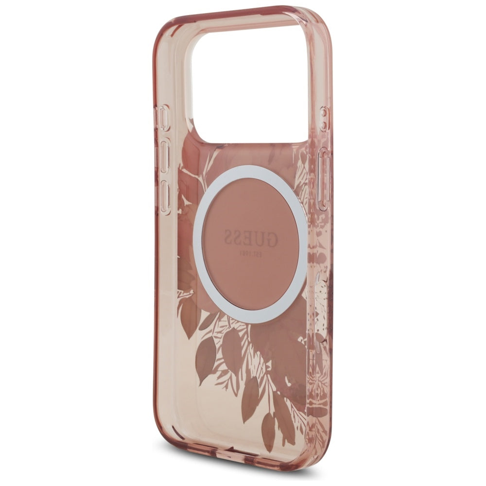 Husa MagSafe pentru Apple iPhone 17 Pro, Guess, IML Flowers with Pearl Strap, Roz