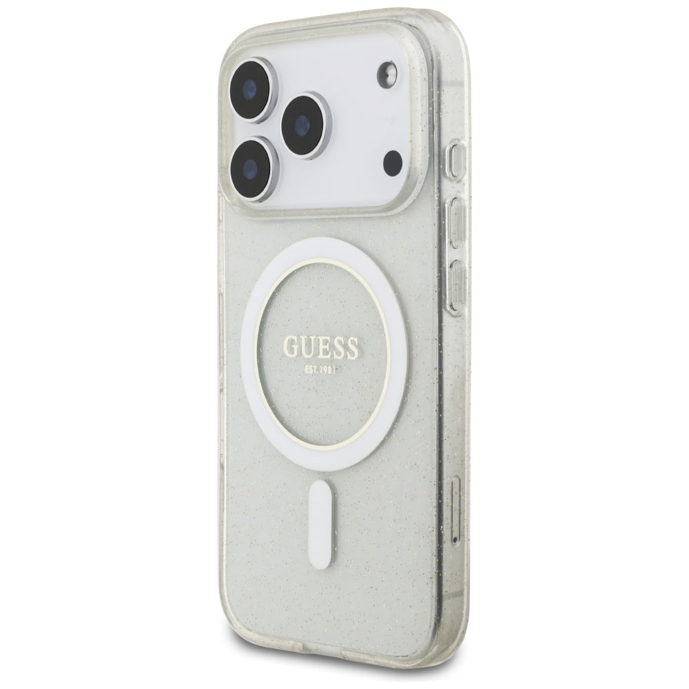 Husa MagSafe pentru Apple iPhone 17 Pro, Guess, IML Glitter with Pearl Strap, Transparenta