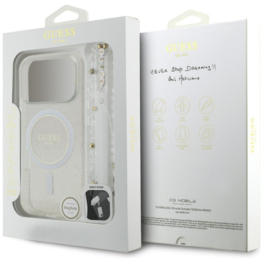 Husa MagSafe pentru Apple iPhone 17 Pro, Guess, IML Glitter with Pearl Strap, Transparenta