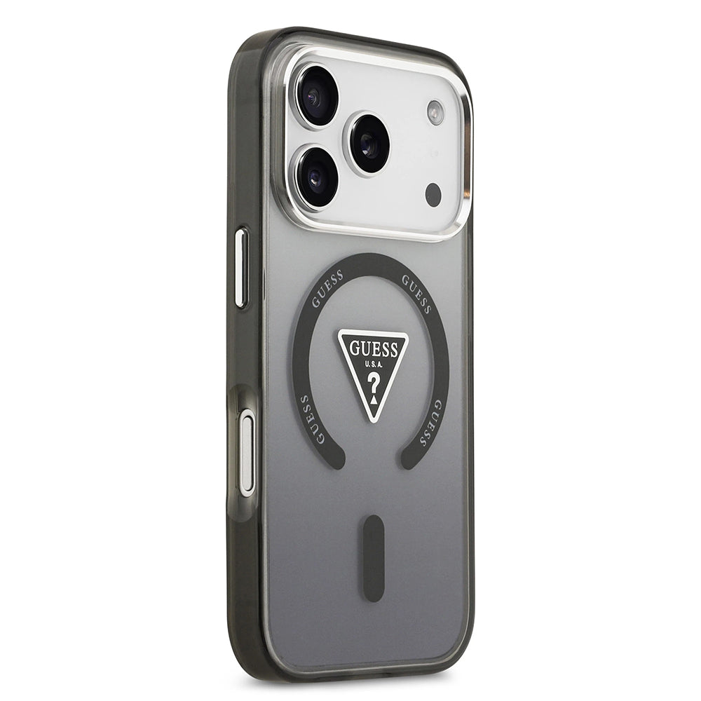Husa MagSafe pentru Apple iPhone 17 Pro, Guess, IML Gradient Triangle Logo, Neagra Argintie