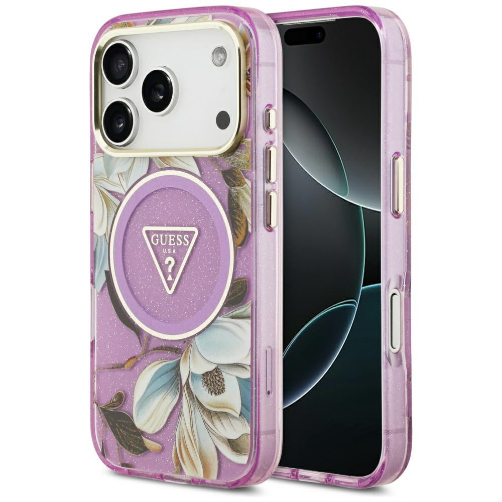 Husa MagSafe pentru Apple iPhone 17 Pro, Guess, IML Metal Glitter Flowers Triangle, Mov